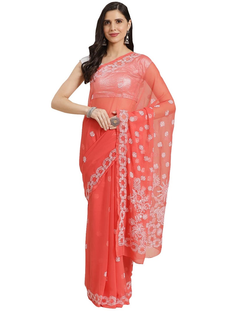 Ada Women Hand Embroidered Lucknowi Chikankari Georgette Saree With Unstitched Blouse Piece A191489,Tomato Red - Image 1