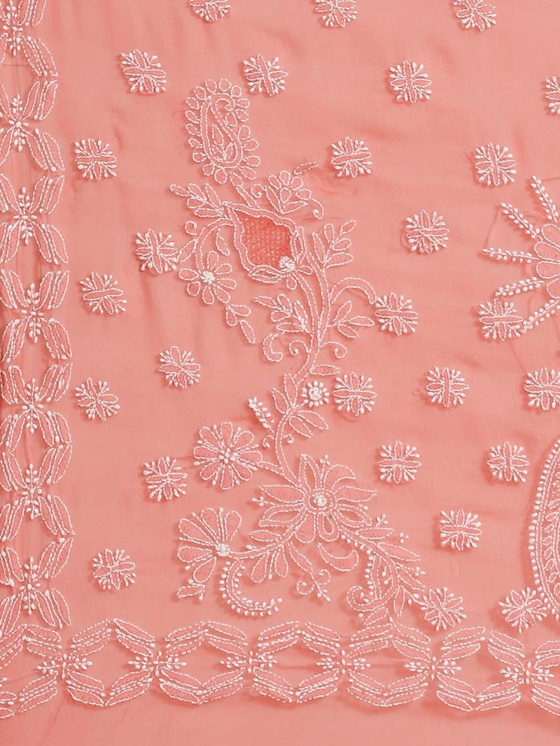 Ada Women Hand Embroidered Lucknowi Chikankari Georgette Saree With Unstitched Blouse Piece A191489,Tomato Red - Image 4