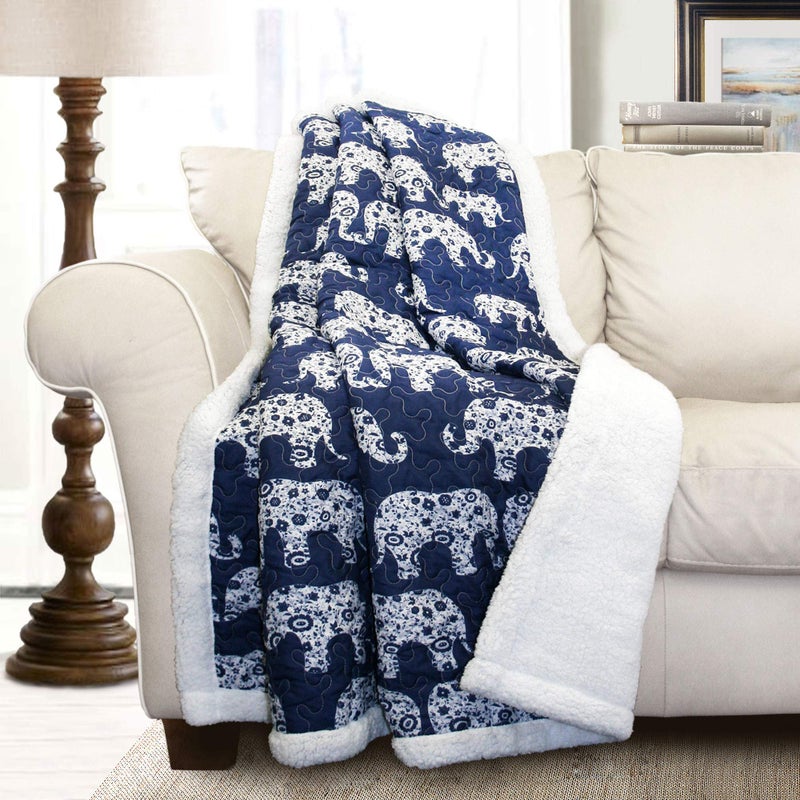 Lush Decor Lush Decor Navy Elephant Parade Throw Fuzzy Reversible Sherpa Blanket 60 x 50 White 