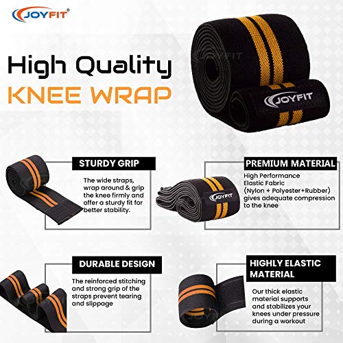 JoyFit Knee Wraps -For Home & Gym training, Powerlifting, Weightlifting, Deadlift, Squats, Leg Press, Crossfit, Knee Pain and Sports with Stretchable fabric for Men & Women [Pair] (Orange) - Image 2