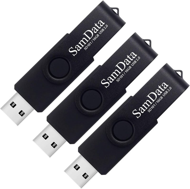 SamData 16GB 3 Pack USB 2.0 Thumb Drive Swivel Memory Stick with Led Indicator (Black, 16GB-3Pack) - Image 1