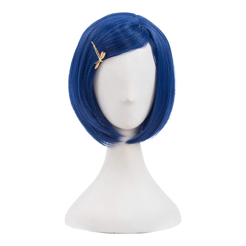 MORTICIA Short Straight Blue Women Bob Full Bang Kids Wig with Gold Dragonfly Hairpin Kid