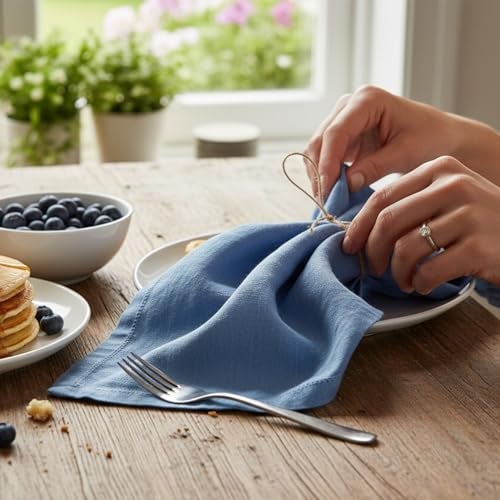 Eight Owls Hemstitched Linen Napkins – 20 Inch x 20 Inch – Stonewashed Pure Linen Cloth Dinner Napkins with Mitered Corners - 100% French Flax – Machine Washable - Set of 4 (Dusty Pastel Blue) - Image 4
