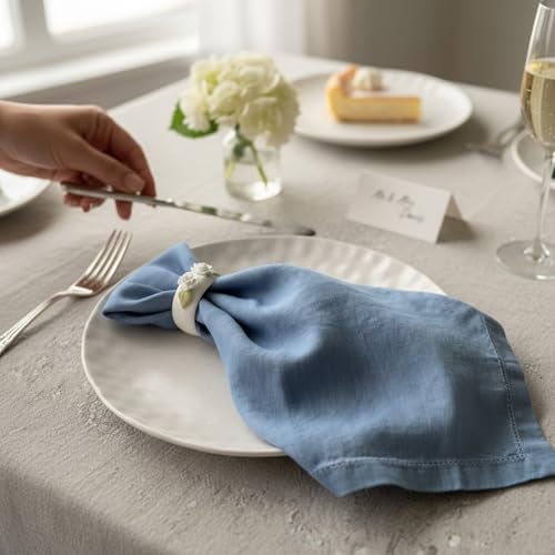 Eight Owls Hemstitched Linen Napkins – 20 Inch x 20 Inch – Stonewashed Pure Linen Cloth Dinner Napkins with Mitered Corners - 100% French Flax – Machine Washable - Set of 4 (Dusty Pastel Blue) - Image 3