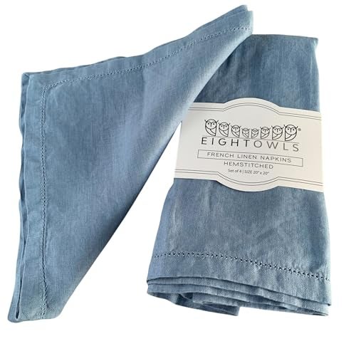 Eight Owls Hemstitched Linen Napkins – 20 Inch x 20 Inch – Stonewashed Pure Linen Cloth Dinner Napkins with Mitered Corners - 100% French Flax – Machine Washable - Set of 4 (Dusty Pastel Blue) - Image 1