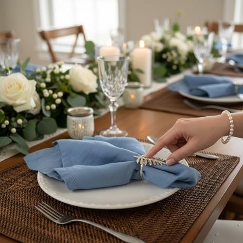 Eight Owls Hemstitched Linen Napkins – 20 Inch x 20 Inch – Stonewashed Pure Linen Cloth Dinner Napkins with Mitered Corners - 100% French Flax – Machine Washable - Set of 4 (Dusty Pastel Blue) - Image 2