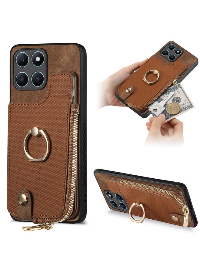 زبون جراب خلفي لهاتف Honor X6a من الجلد المتقاطع مع حلقة عمودية وسحاب - Image 1