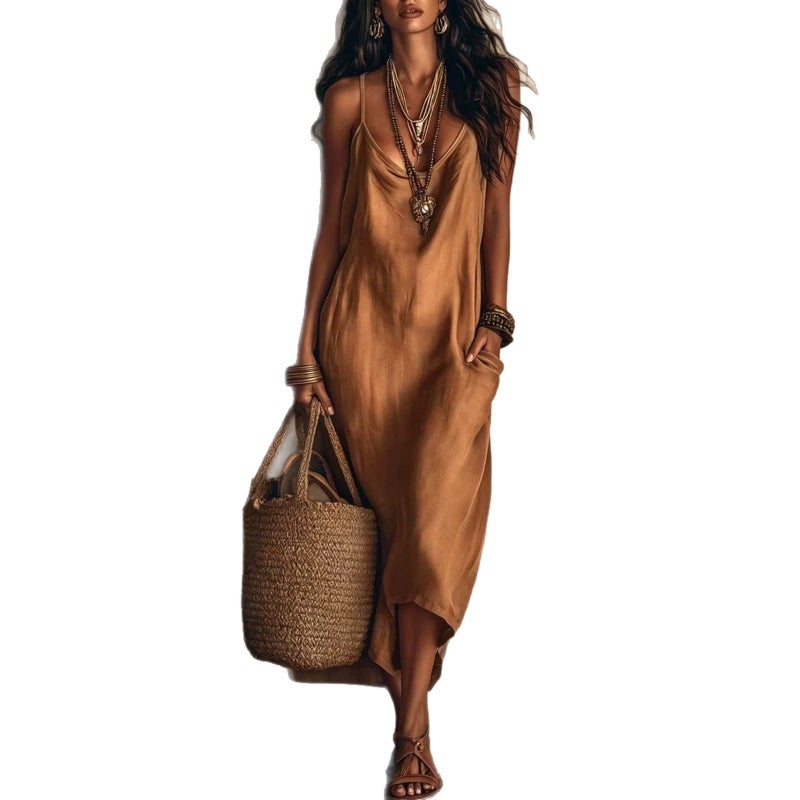 Summer Cowl Neck Solid Color Sleeveless A-Line Midi Dress - Image 5