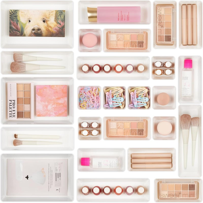 25 PCS Plastic Drawer Organizers Set, 4-Size Versatile Bathroom and Vanity Drawer Organizer Trays, Storage Bins for Makeup, Bedroom, Kitchen Gadgets Utensils and Office,White - Image 1