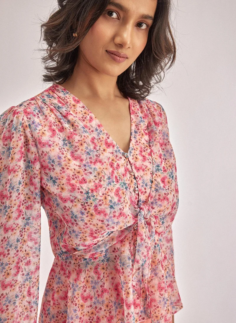 The Label Life The Label Life Women's Chiffon Peplum Blouse - Floral, Multicolour