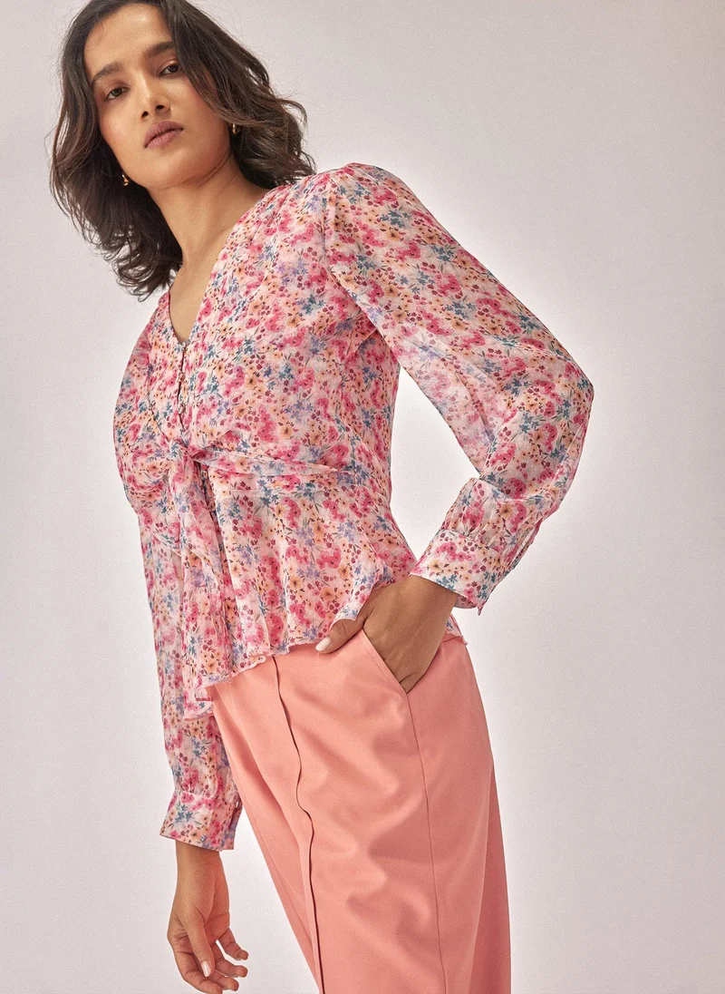 The Label Life The Label Life Women's Chiffon Peplum Blouse - Floral, Multicolour