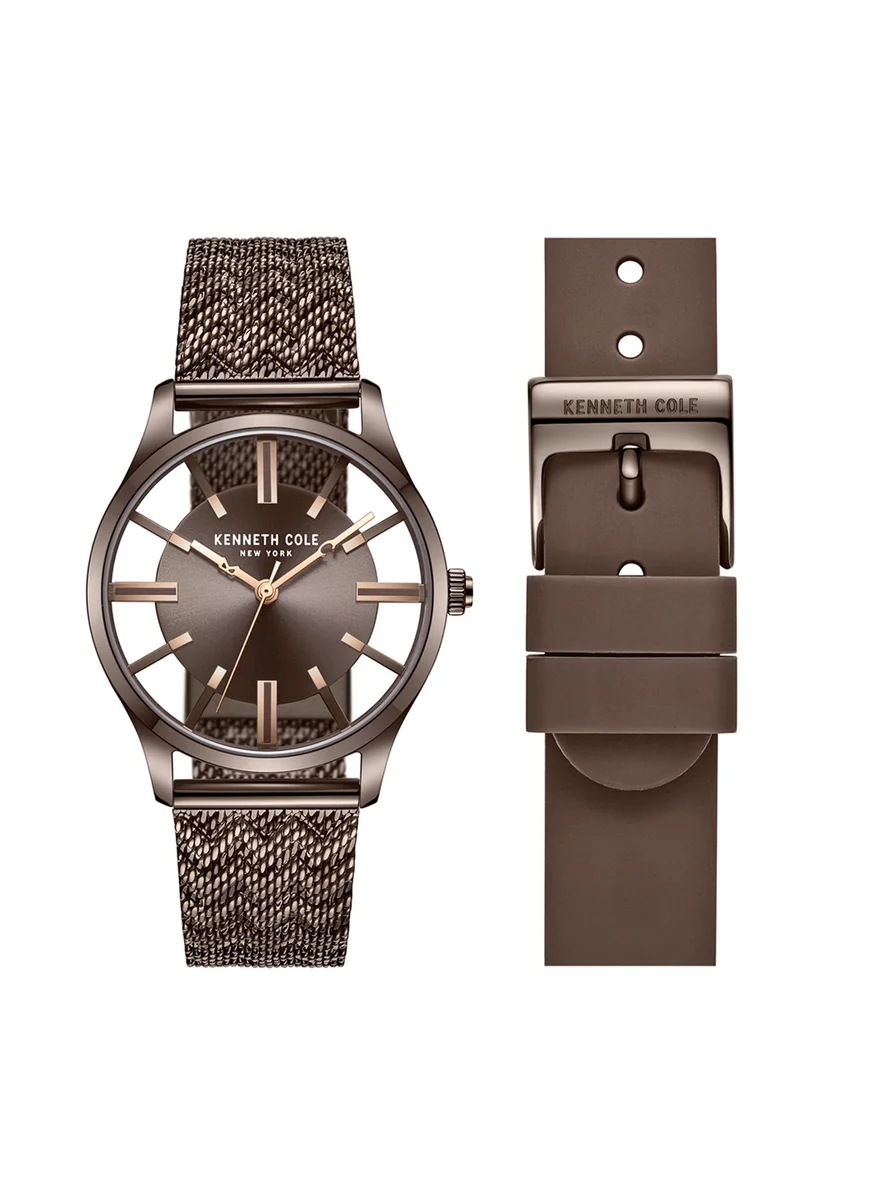 كينيث كول نيو يورك Kenneth Cole New York Analog Ladies Watch with Brown Stainless Steel & Silicone Band, 34.5mm, Quartz Movement, Stainless Steel Case