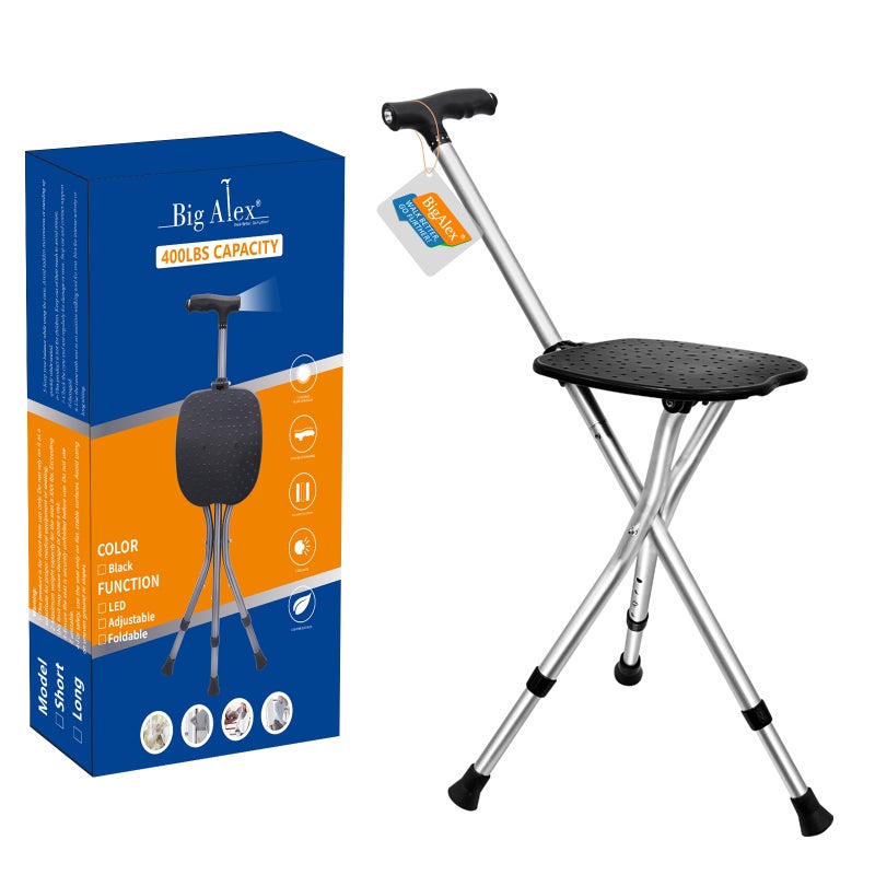 BigAlex Alloy Folding Cane with Seat, Lightweight Adjustable Walking Cane with Seat, Cane Seat with LED for Woman/Man, Comfortable Handle and 3 Non-Slip Legs, Walking Stick for Seniors,Silver - Image 1
