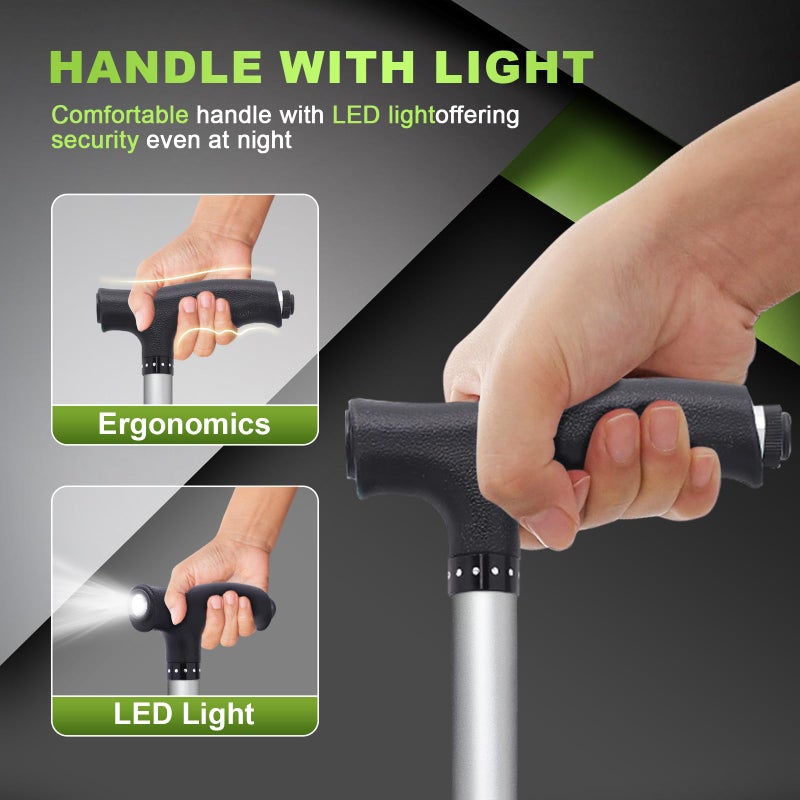 BigAlex Alloy Folding Cane with Seat, Lightweight Adjustable Walking Cane with Seat, Cane Seat with LED for Woman/Man, Comfortable Handle and 3 Non-Slip Legs, Walking Stick for Seniors,Silver - Image 3