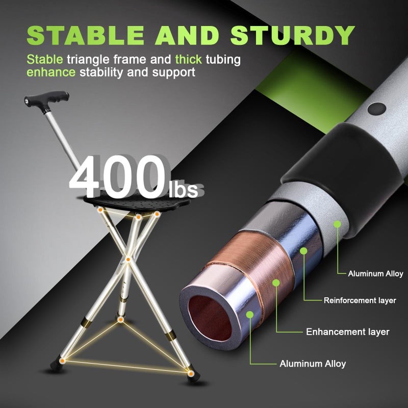 BigAlex Alloy Folding Cane with Seat, Lightweight Adjustable Walking Cane with Seat, Cane Seat with LED for Woman/Man, Comfortable Handle and 3 Non-Slip Legs, Walking Stick for Seniors,Silver - Image 2