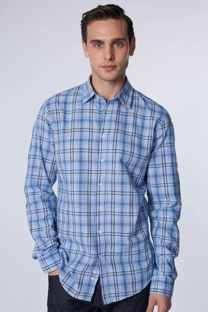 Tudors Slim Fit Long Sleeve Tight Fit Checked Linen Texture Summer Men's Shirt