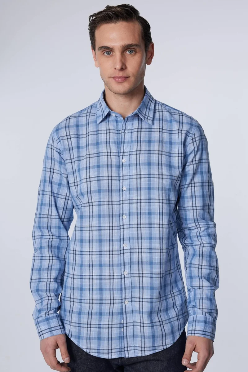 Tudors Slim Fit Long Sleeve Tight Fit Checked Linen Texture Summer Men's Shirt