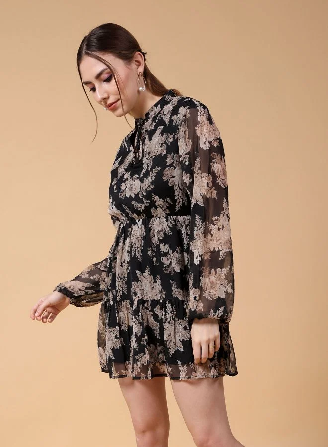 مرفوعة Women Fit and Flared Party Wear Floral Print Mandarin Collar Tiered Dress