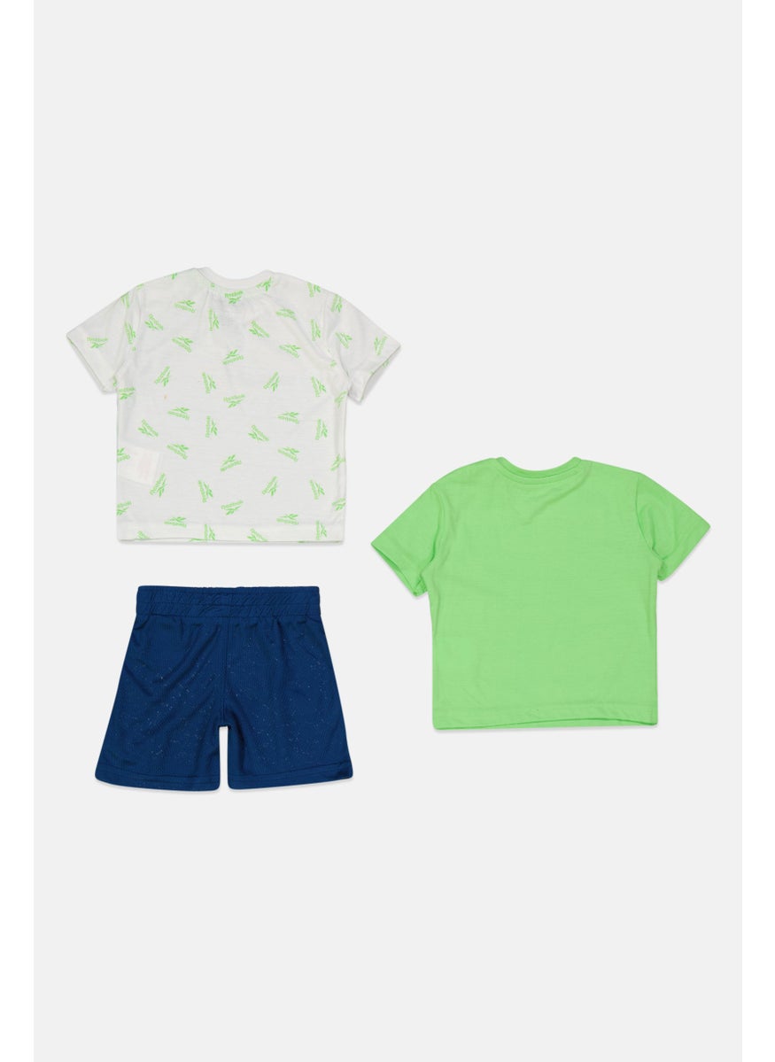 Reebok Toddlers Boy 3 Pieces Graphic Print Short Sleeve T-Shirt and Short Set, White/Navy/Green  - Image 2