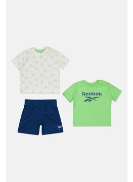 Reebok Toddlers Boy 3 Pieces Graphic Print Short Sleeve T-Shirt and Short Set, White/Navy/Green  - Image 1
