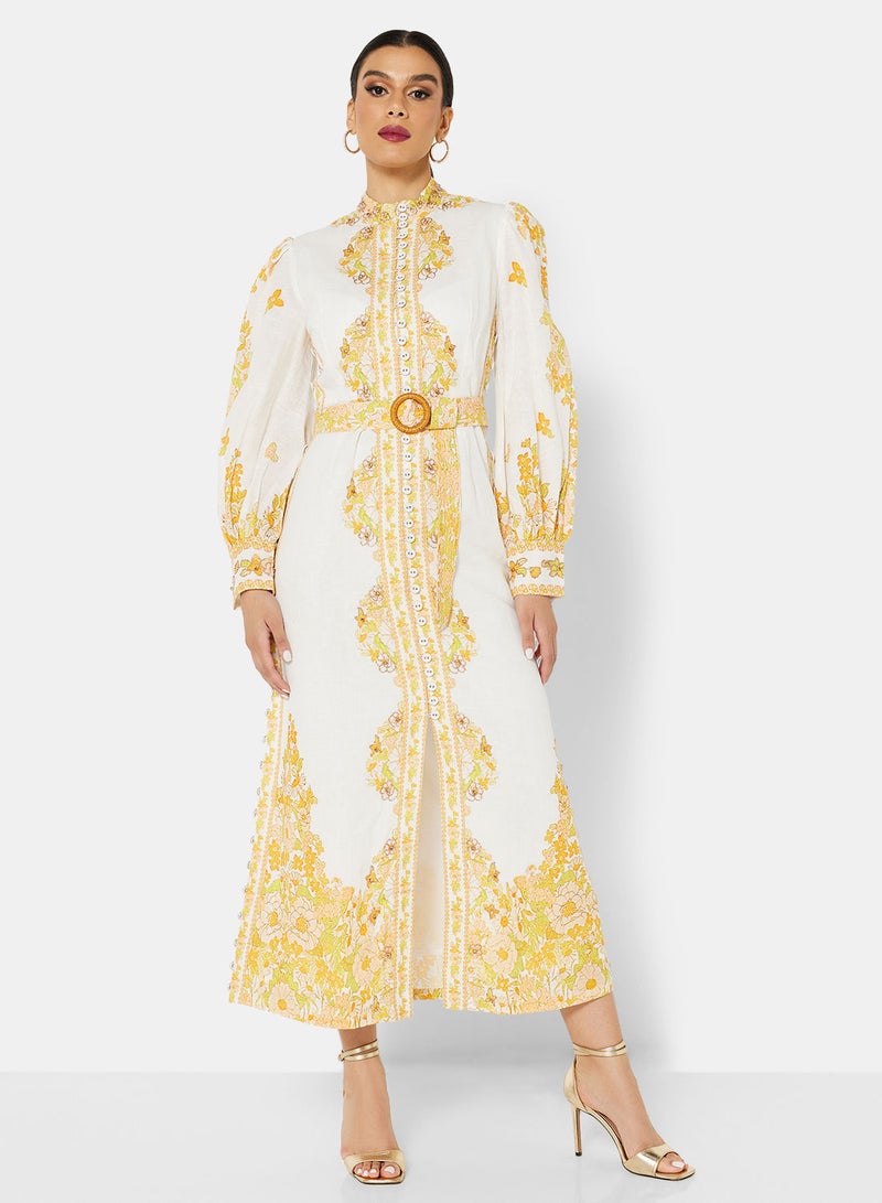 Threadz by Ajooni Belted Floral Midi Dress - Image 1