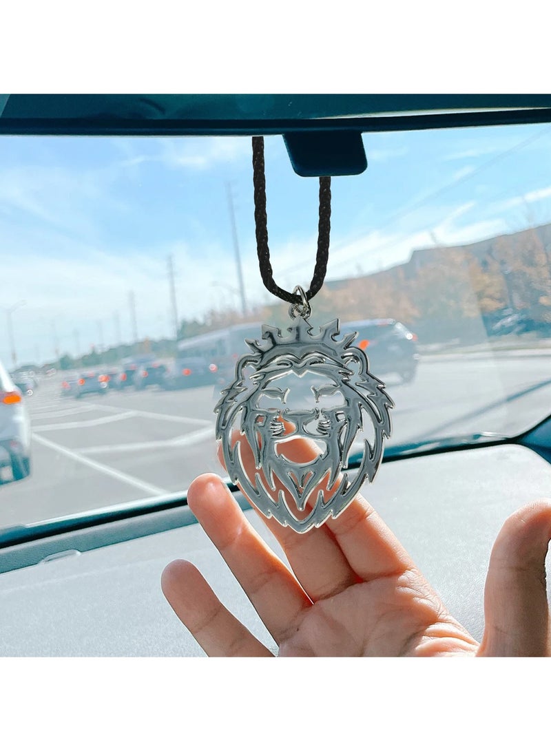 NMC Silver Lion Head Car Mirror Hanging Ornament with Crown, Metal Finish King Style Pendant for Car Interior Décor - Image 4