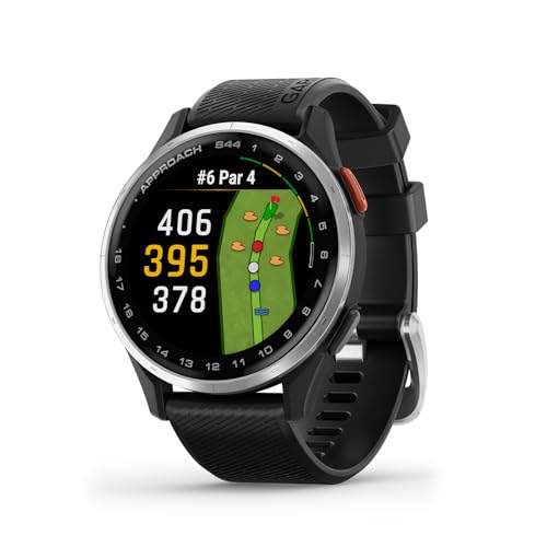 GARMIN ساعة Garmin Approach® S44 الذكية للغولف، GPS أساسي، شاشة AMOLED، ميزات على المسار، إطار ألمنيوم فضي مع حزام سيليكون أسود - Image 1