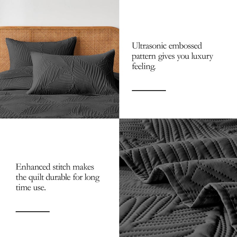 OARAGE King Quilt Bedding Set Lightweight Soft Black Bedspread Coverlet with Leaf Pattern Ultrasonic Microfiber Bed Cover Set for All Season 3 Pieces (1 Quilt  2 Shams) - Image 5