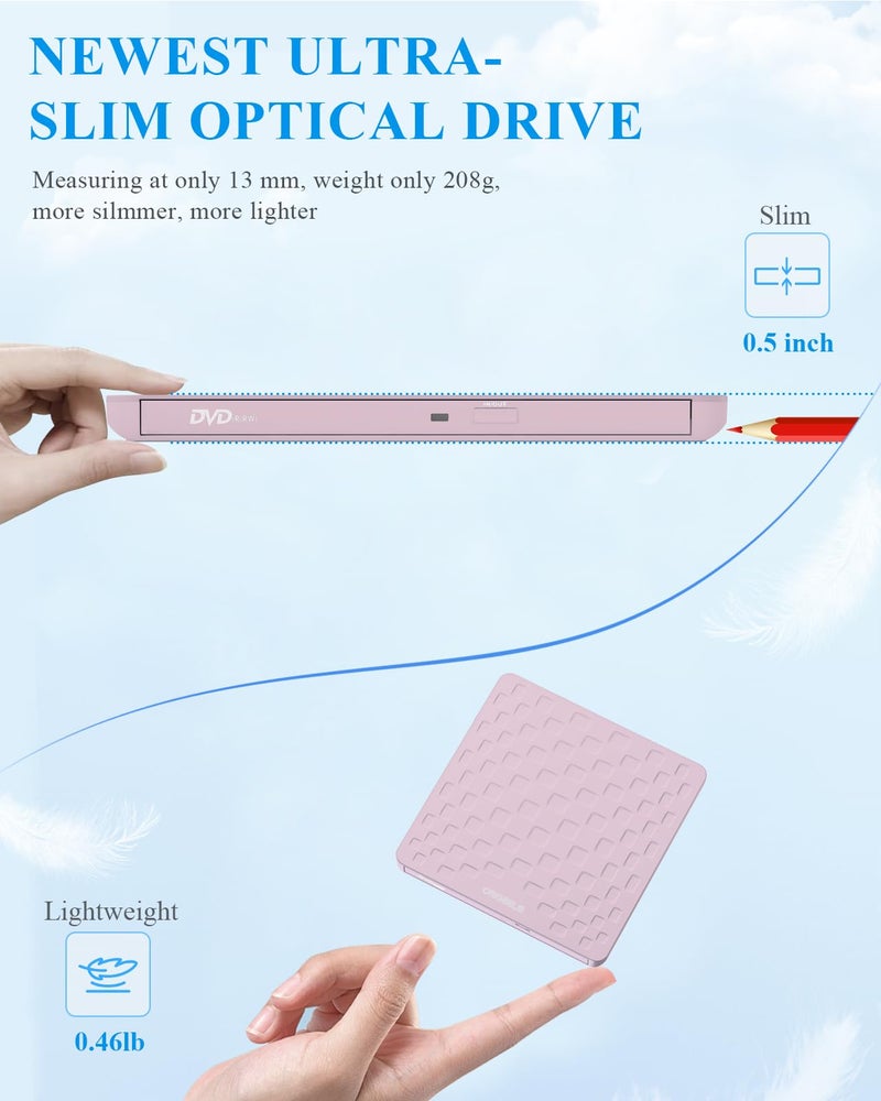 ORIGBELIE External CD DVD Drive for Laptop, USB 3.0 Type-C Ultra Slim 13mm DVD Player Portable CD DVD +/-RW Drive CD Burner Reader Writer Recorder for Desktop PC Windows 11/10/8/7 Linux Mac OS (Pink) - Image 2