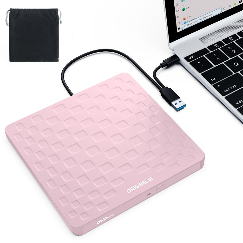 ORIGBELIE External CD DVD Drive for Laptop, USB 3.0 Type-C Ultra Slim 13mm DVD Player Portable CD DVD +/-RW Drive CD Burner Reader Writer Recorder for Desktop PC Windows 11/10/8/7 Linux Mac OS (Pink) - Image 1
