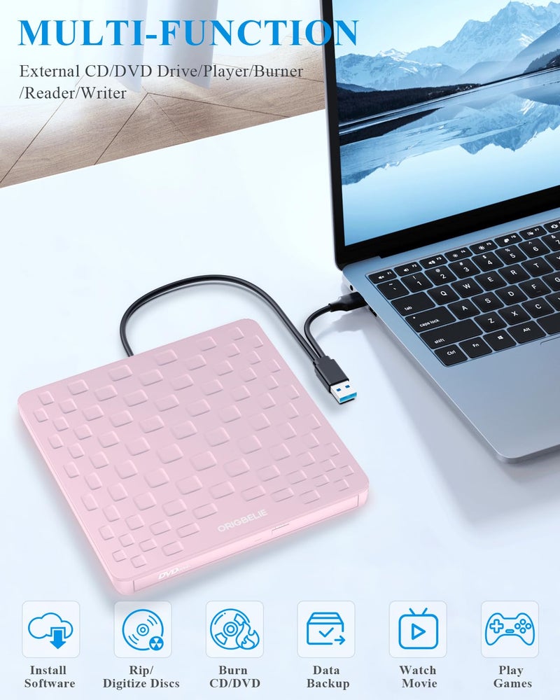 ORIGBELIE External CD DVD Drive for Laptop, USB 3.0 Type-C Ultra Slim 13mm DVD Player Portable CD DVD +/-RW Drive CD Burner Reader Writer Recorder for Desktop PC Windows 11/10/8/7 Linux Mac OS (Pink) - Image 5