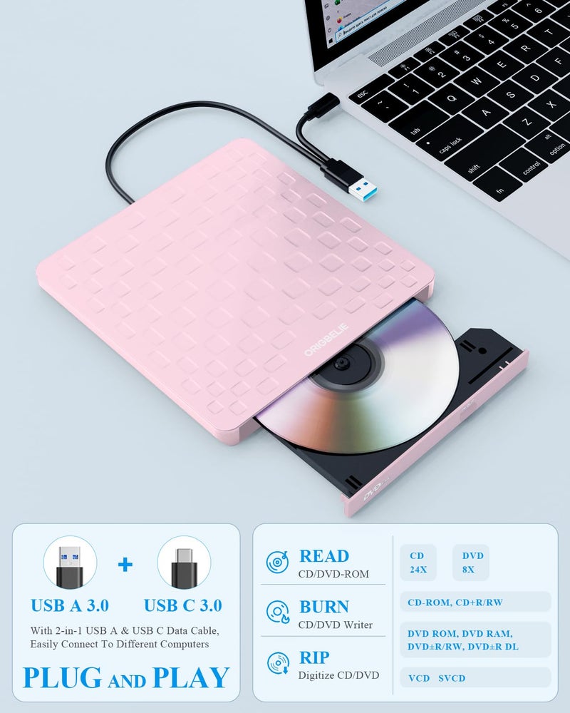 ORIGBELIE External CD DVD Drive for Laptop, USB 3.0 Type-C Ultra Slim 13mm DVD Player Portable CD DVD +/-RW Drive CD Burner Reader Writer Recorder for Desktop PC Windows 11/10/8/7 Linux Mac OS (Pink) - Image 3