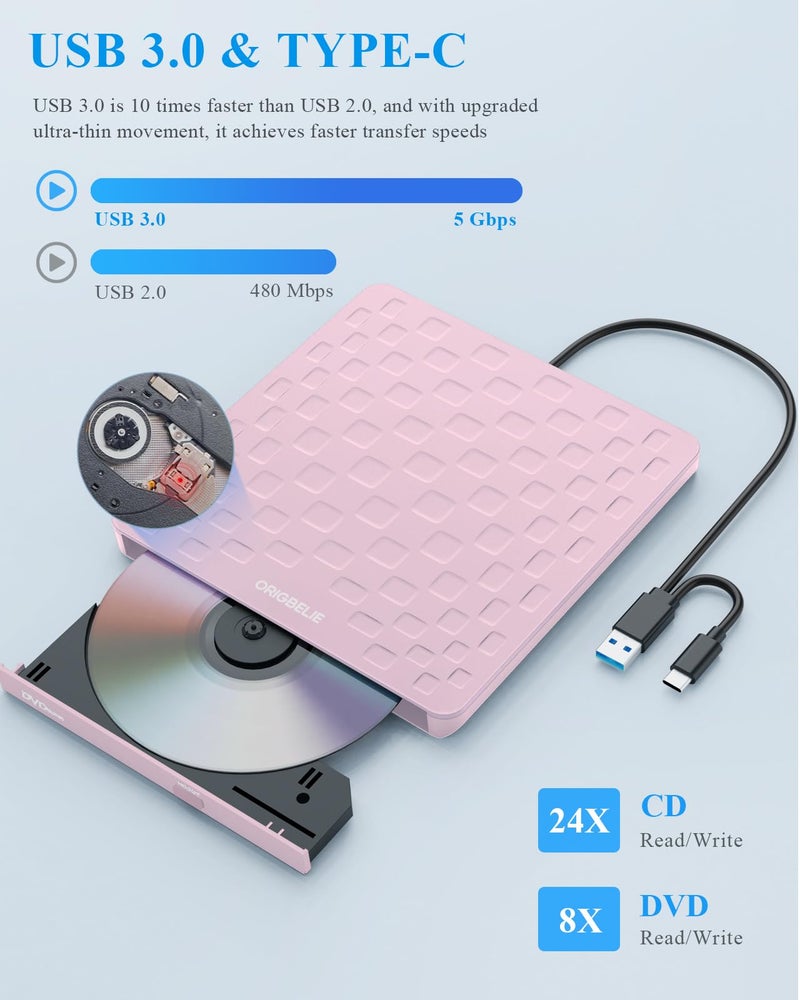 ORIGBELIE External CD DVD Drive for Laptop, USB 3.0 Type-C Ultra Slim 13mm DVD Player Portable CD DVD +/-RW Drive CD Burner Reader Writer Recorder for Desktop PC Windows 11/10/8/7 Linux Mac OS (Pink) - Image 4