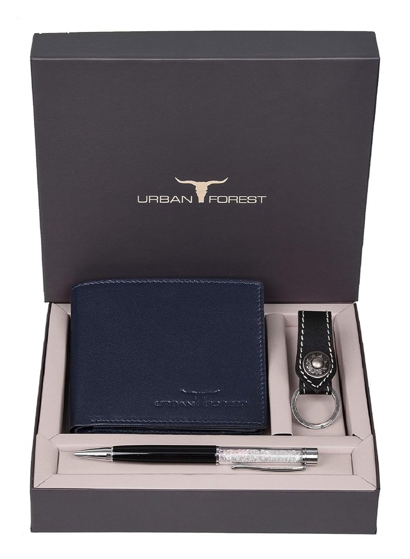 الغابة الحضرية مجموعة هدايا شيرلوك من أوربان فورست، محفظة جلدية زرقاء، سلسلة مفاتيح وقلم للرجال - Image 1