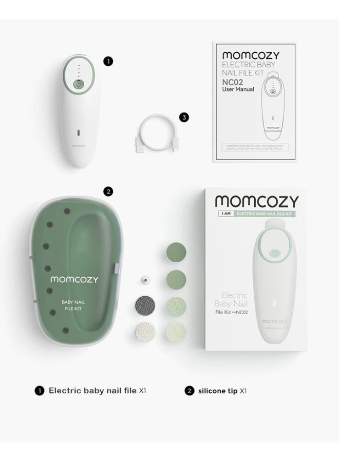 مام كوزي Momcozy Baby Nail File Electric, Gentle Baby Nail Trimmer Electric, Baby Nail Clipper with Night Light, 7 Grinding Head Replacement Pads, Green - Image 1