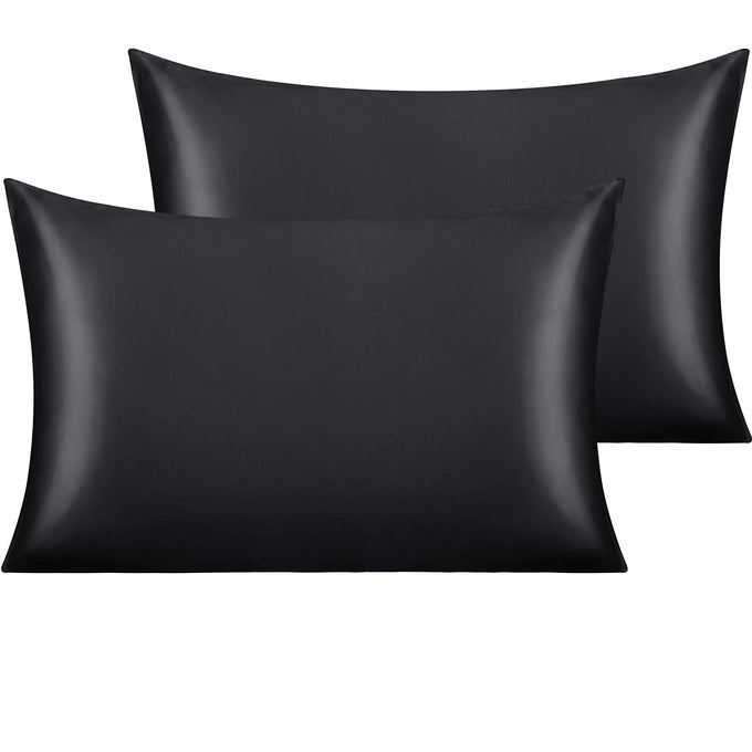 SILK SATIN PILLOWCASES SATIN PILLOWCASE FOR HAIR AND SKIN PILLOW CASES 2 PACK WITH ENVELOPE CLOSURE 50X75 CM BLACK