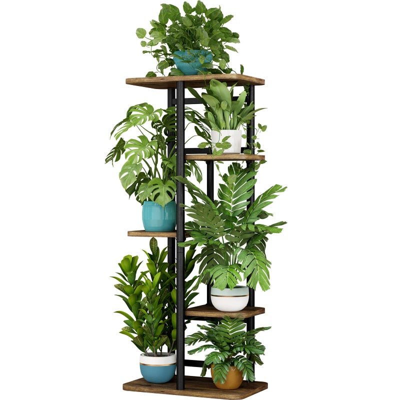 LINZINAR Plant Stand 5 Tier 6 Plant Multiple Flower Rack Holder Shelves Rack Storage Organizer Display Indoor Planter for Balcony Bedroom Patio Garden Living Room Black
