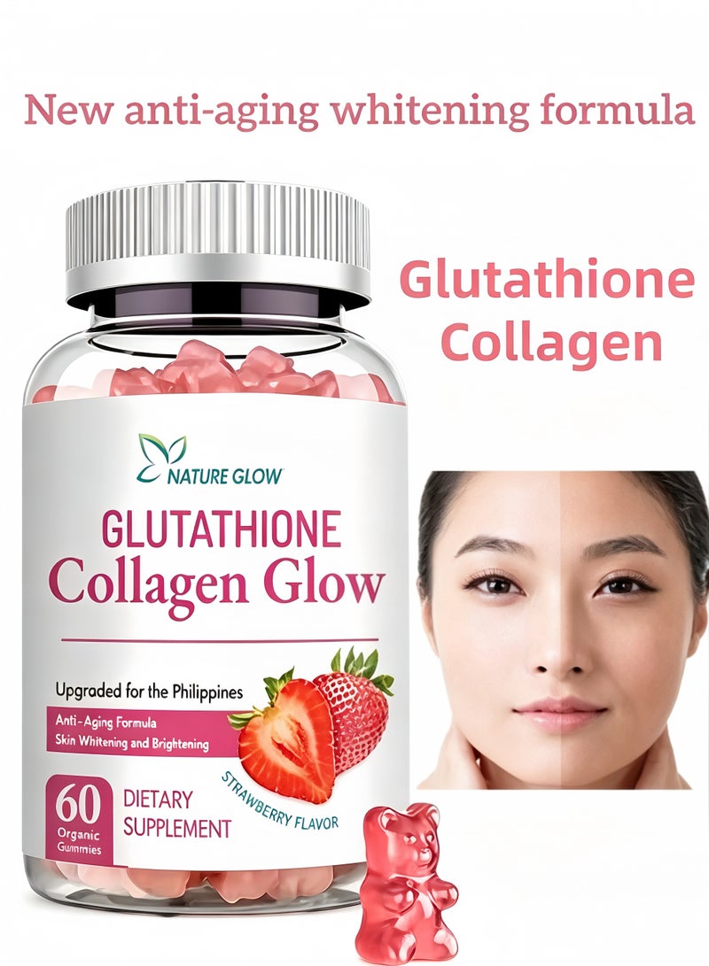NATURE GLOW Glutathione Collagen Glow, Anti-Aging Formula, Skin Whitening and Brightening, Vitamins Strawberry Flavor, 60 Organic Gummies - Image 1
