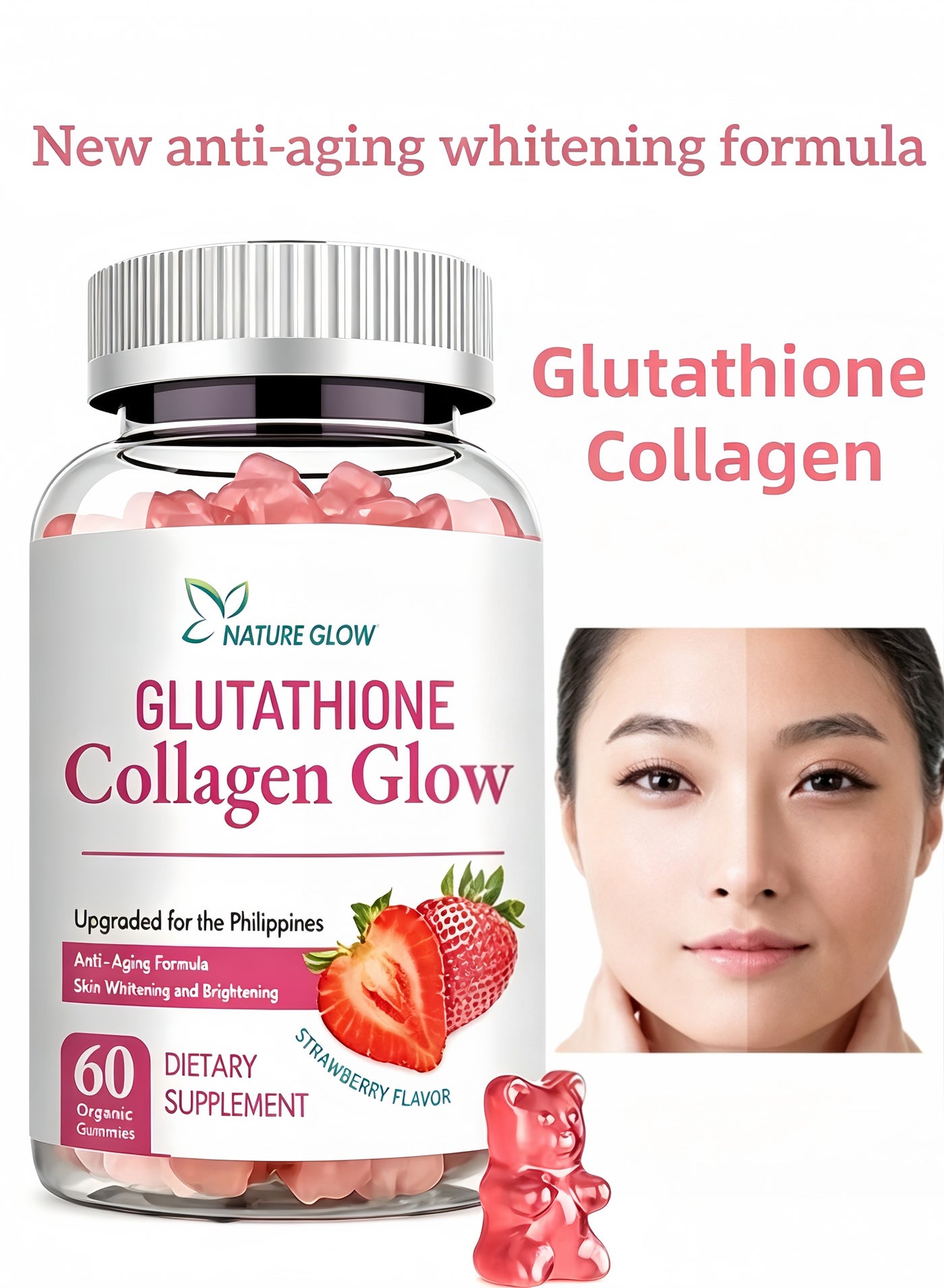 NATURE GLOW Glutathione Collagen Glow, Anti-Aging Formula, Skin Whitening and Brightening, Vitamins Strawberry Flavor, 60 Organic Gummies | Best Price KSA