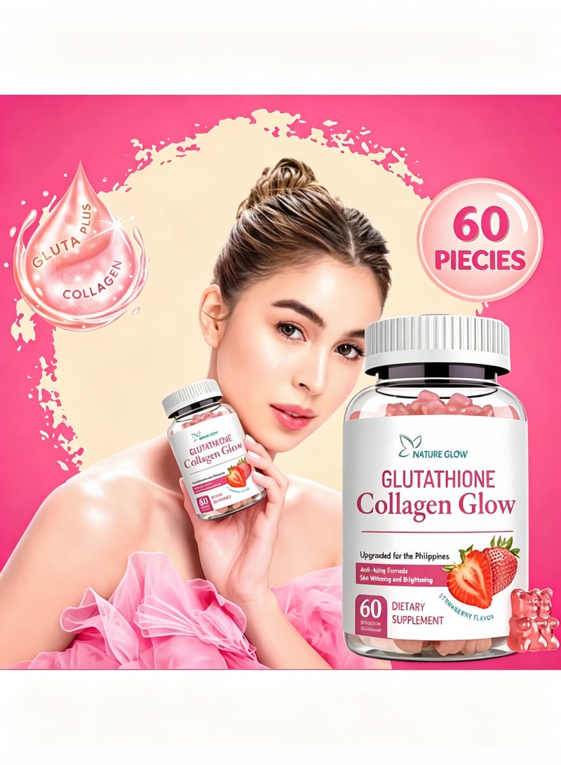 NATURE GLOW Glutathione Collagen Glow, Anti-Aging Formula, Skin Whitening and Brightening, Vitamins Strawberry Flavor, 60 Organic Gummies - Image 2