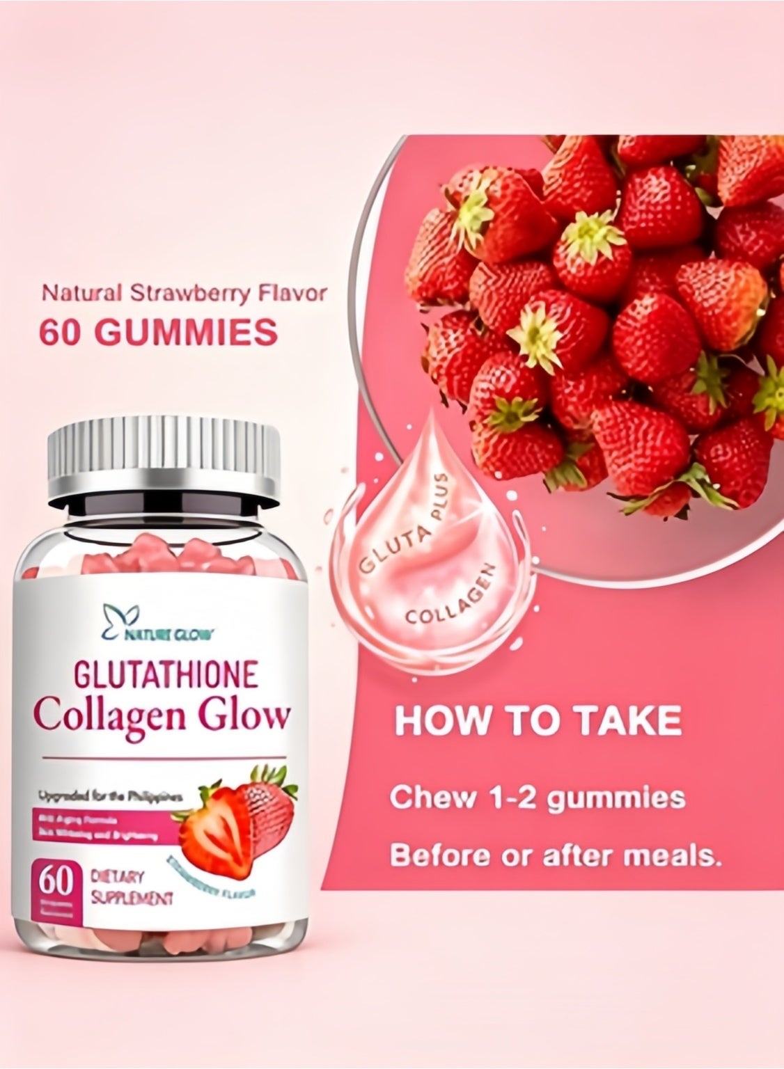 NATURE GLOW Glutathione Collagen Glow, Anti-Aging Formula, Skin Whitening and Brightening, Vitamins Strawberry Flavor, 60 Organic Gummies | Best Price KSA