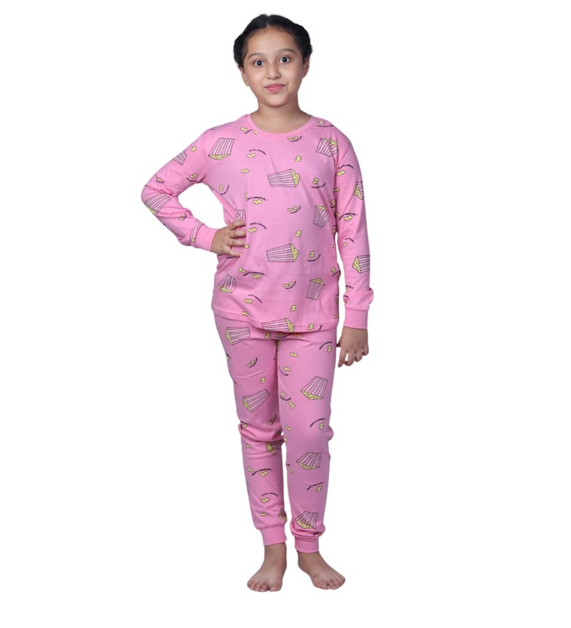 Hestia|H.Nsg.N.1|Girls Bottom Pyjama Pajama Set Tshirts|Sleepwear|Cotton Night Dress|Trouser Full Sleeves Tshirt|Antirash Fabric|Nightwear For Kids|All Over Popcorn Print|Pink|4-6Yrs|Set 1,4-6 Years - Image 1