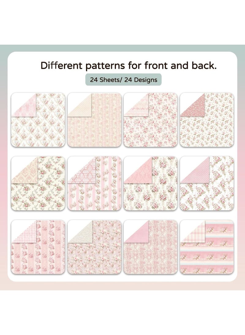 SYOSI Vintage Floral Scrapbook Paper Pack, Double-Sided Garden-Themed Craft Paper for DIY Cards, Journals & Album Decor, 24 Unique Pink Floral Designs, Acid-Free Origami Art Supplies (24-Sheet, 12"x12") - Image 2