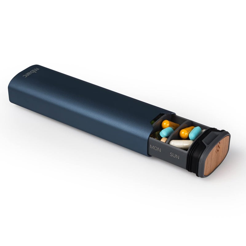 HigherHuman 7 Day Weekly Pill Organizer by mbarc Premium Stylish Aluminum and Wood Large Capacity Pill Box for Supplements Pills Vitamins and Medicine