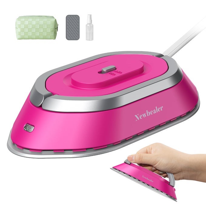 TRAVEL IRON MINI IRON WITH DUAL VOLTAGE220V120V FOR CLOTHES COMPACT IRON WITH SMALL POUCH FOR GLOBAL TRAVEL QUILTING SEWING HOT PINK