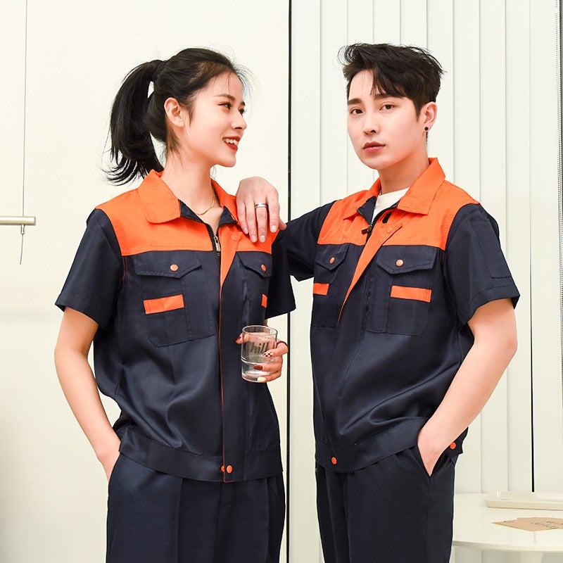 Zhenhao Summer Half-sleeved Work Clothes Mens Short-sleeved Thin suit Mens Breathable Labor Protection Tooling Workshop Factory Clothes Work Clothes Shumei navy blue orange shoulder 