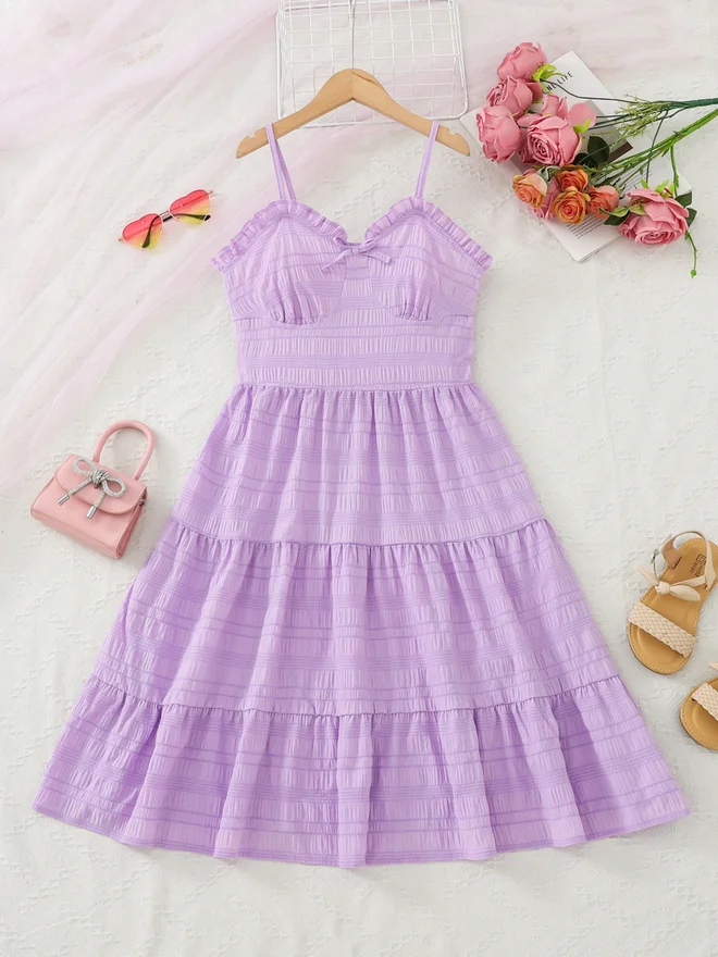 Take Two Girls Purple Textured Strappy Tiered Dress