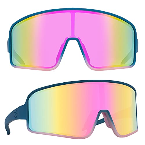 MAXJULI Polarized Sunglasses for Men Women, Windproof Outdoor Sports Cycling Running UV400 Protection Sun Glasses (Solid Blue to Half Transparent Pink/Pink Lens) - Image 1