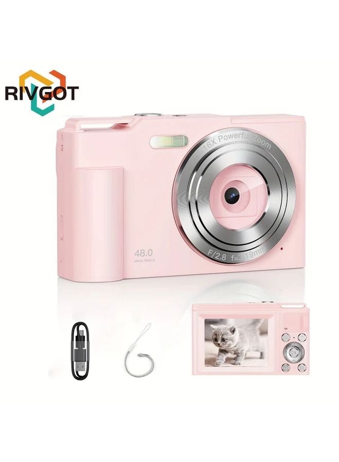 Rivgot Pink Digital Camera 16x Zoom 32GB SD Card Fill Light Stabilization Anti Shake USB Rechargeable - Image 1