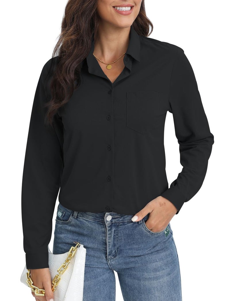 COUXILY Wrinkle Free Womens Button Down Collared Shirt Long Sleeve Classic Fit Business Office Formal Work Tops (Black, XS) - Image 1